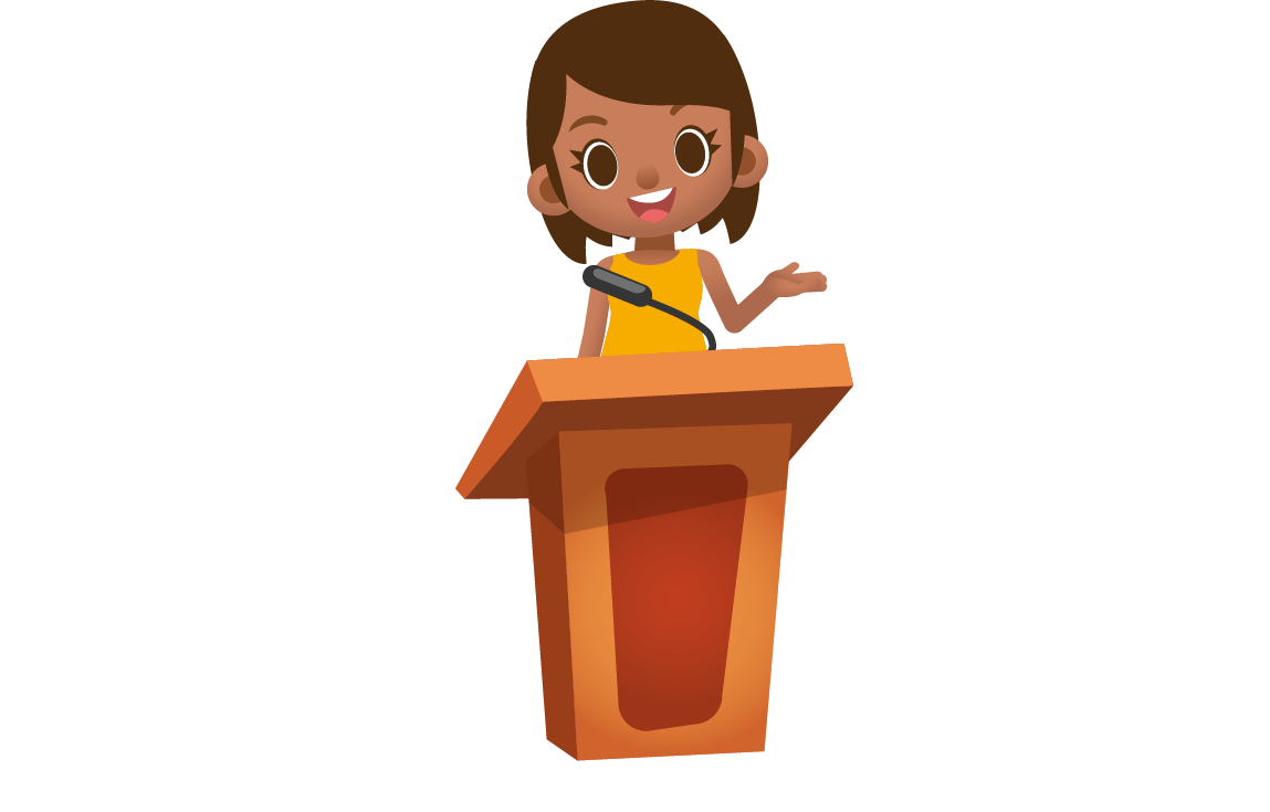 niña tras una atril con la mano levantada