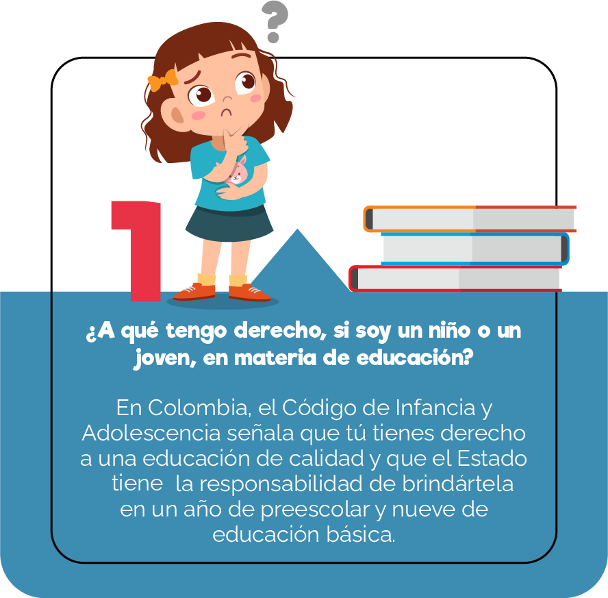 1 ¿A qué tengo derecho, si soy un niño o un joves, en materia de educacción? En colombia el código de infancia y adolescencia señala que tú tienes derecho a una educación de calidad y que el Estado tiene la responsabilidad de brindártela en un año de preescolar y nueve de educación básica.