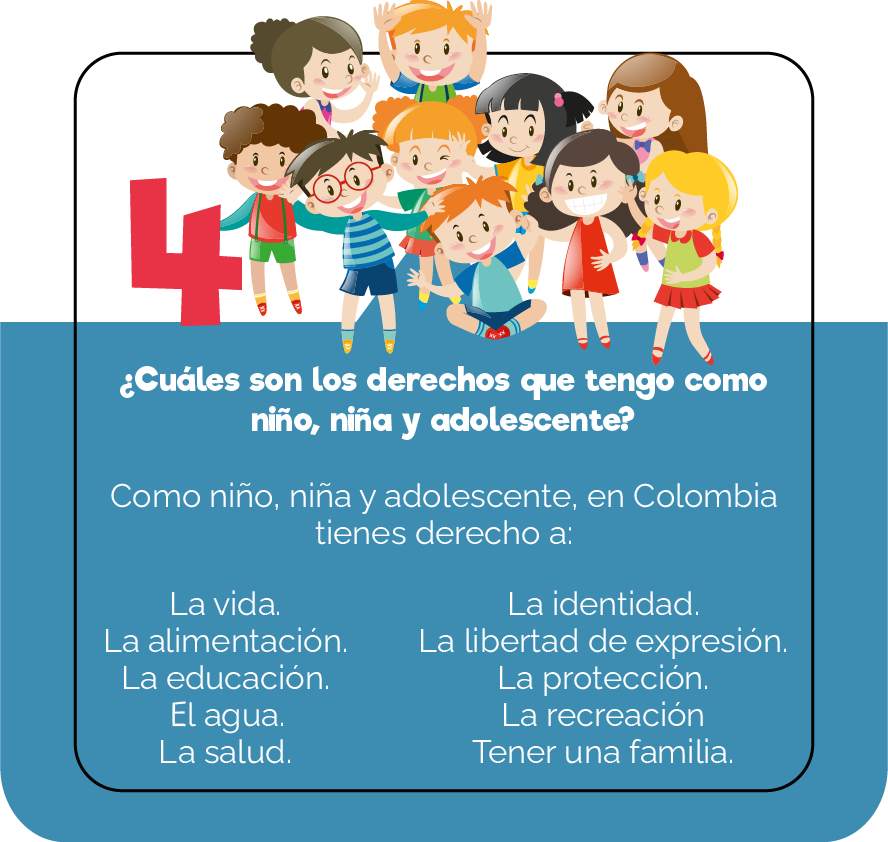 4 ¿Cuáles son los derechos que tengo como niño, niña y adolescente? Como niño, niña y adolescentem en Colombia tienes derecho a: La vida, la alimentación, la educación, el agua, la salud, la identidad, la libertad de expresión, la protección, la recreación, tener una familia.